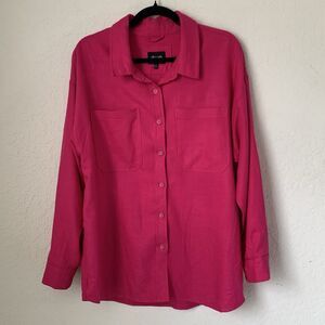 Stoosh Shirt Women L Pink Button Linen Blend Pockets Beach Twee Colorful Barbie